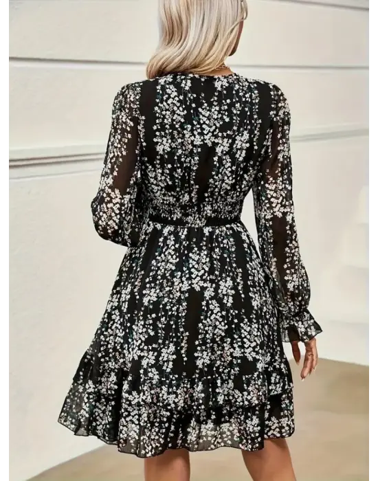 Kadın Uzun Kollu V Yakalı Fırfırlı Ve Bağcıklı şifon Mini Elbise