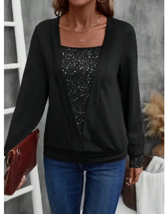 Kadın Uzun Kollu V Yakalı Içi Süprem Desenli Dışı Viskon Bluz