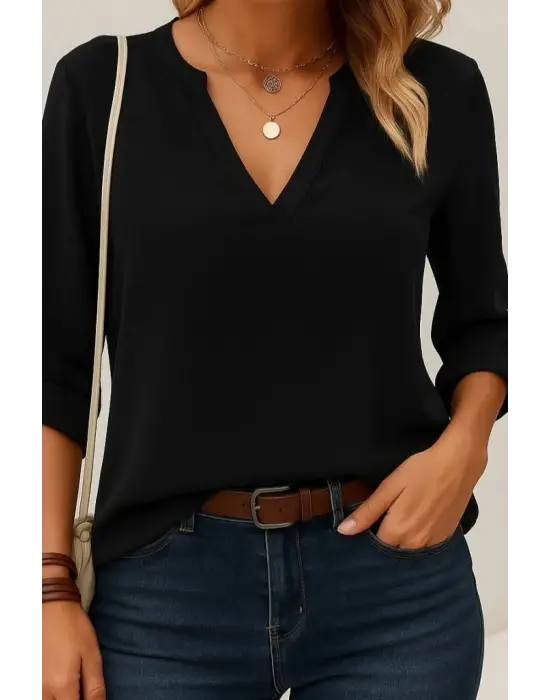 Kadın Uzun Kollu V Yakalı Ithal Krep Bluz