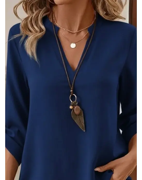 Kadın Uzun Kollu V Yakalı Ithal Krep Lacivert Bluz