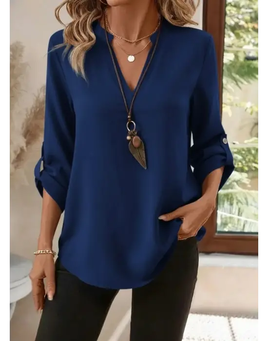 Kadın Uzun Kollu V Yakalı Ithal Krep Lacivert Bluz