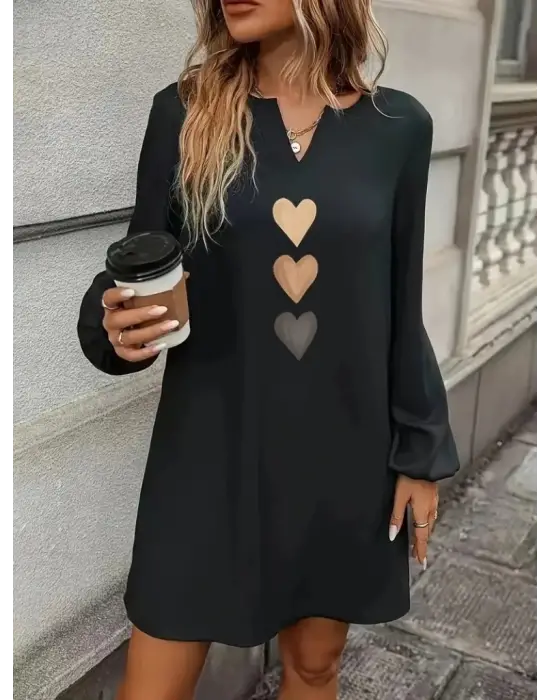 Kadın Uzun Kollu V Yakalı Kalp Desenli Mini Ithal Krep Elbise