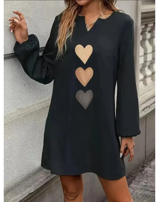 Kadın Uzun Kollu V Yakalı Kalp Desenli Mini Ithal Krep Elbise