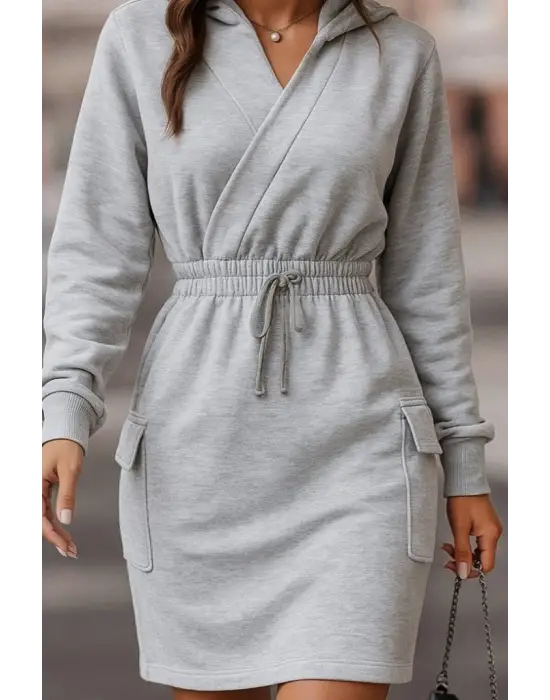 Kadın Uzun Kollu V Yakalı Kapşonlu Cep Detaylı şardonlu Iki Iplik Kısa Elbise