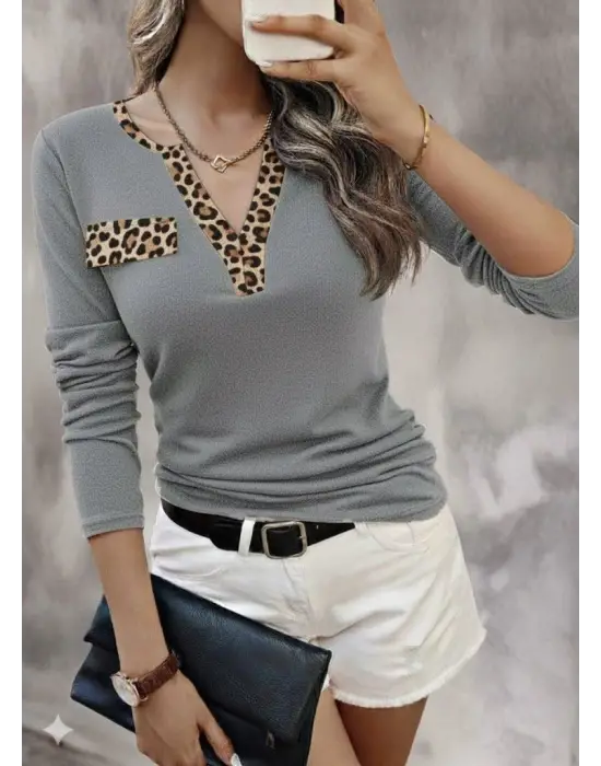 Kadın Uzun Kollu V Yakalı Kaşkorse Bluz