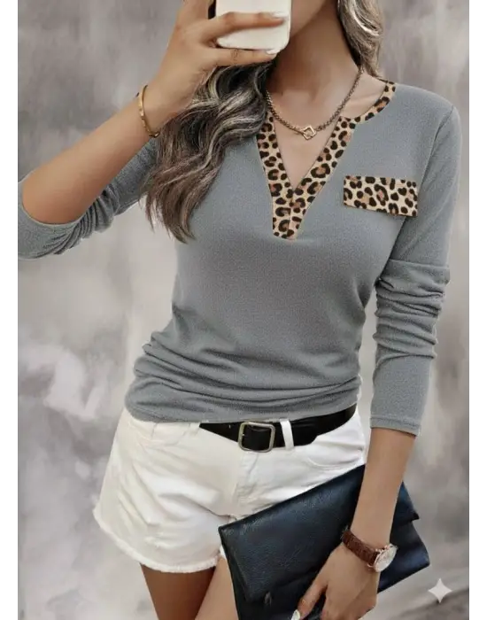 Kadın Uzun Kollu V Yakalı Kaşkorse Bluz