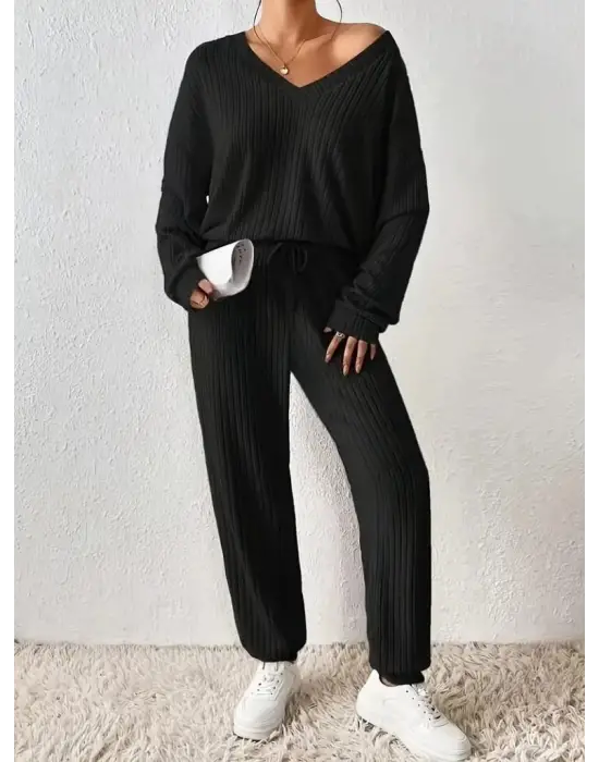 Kadın Uzun Kollu V Yakalı Kaşkorse Bluz Ve Pantolon Ikili Takım