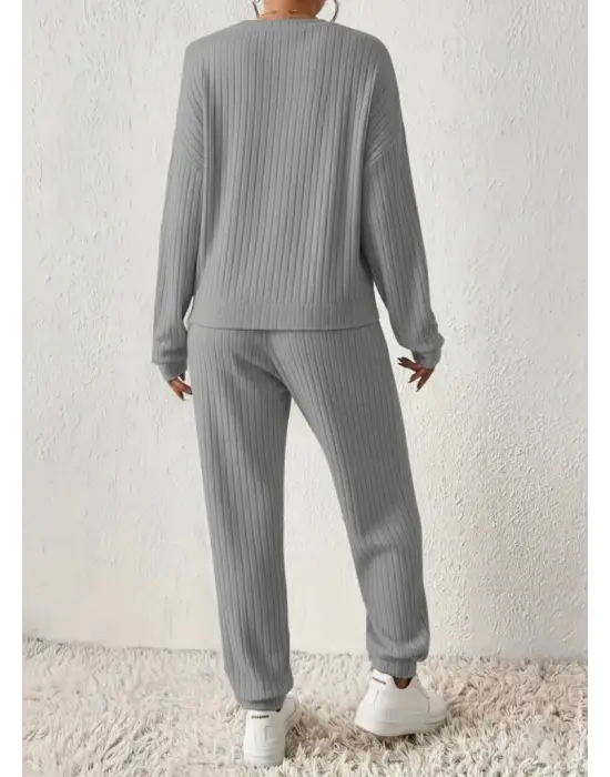 Kadın Uzun Kollu V Yakalı Kaşkorse Bluz Ve Pantolon Ikili Takım