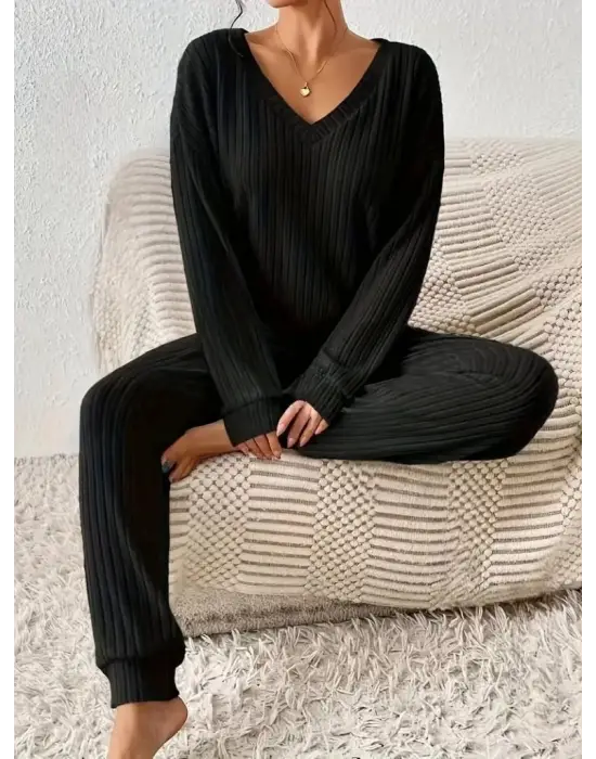 Kadın Uzun Kollu V Yakalı Kaşkorse Bluz Ve Pantolon Ikili Takım