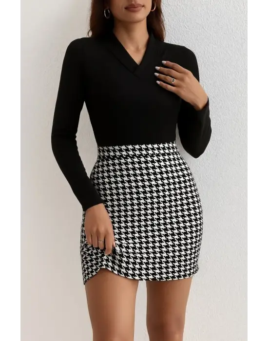 Kadın Uzun Kollu V Yakalı Kaz Ayağı Desenli şardonlu Dalgıç Elbise