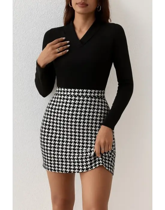 Kadın Uzun Kollu V Yakalı Kaz Ayağı Desenli şardonlu Dalgıç Elbise