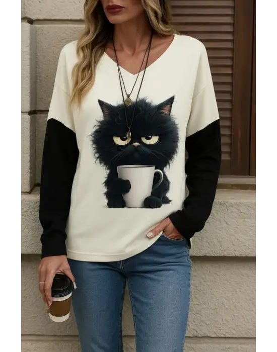 Kadın Uzun Kollu V Yakalı Kedi Baskılı şardonlu Dalgıç Bluz
