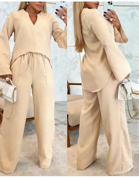 Kadın Uzun Kollu V Yakalı Keten Bluz Bağcıklı Pantolon Ikili Takım