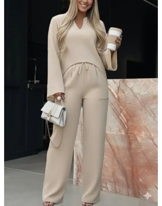 Kadın Uzun Kollu V Yakalı Keten Bluz Bağcıklı Pantolon Ikili Takım