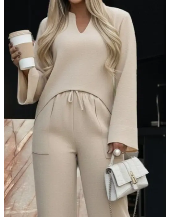 Kadın Uzun Kollu V Yakalı Keten Bluz Bağcıklı Pantolon Ikili Takım
