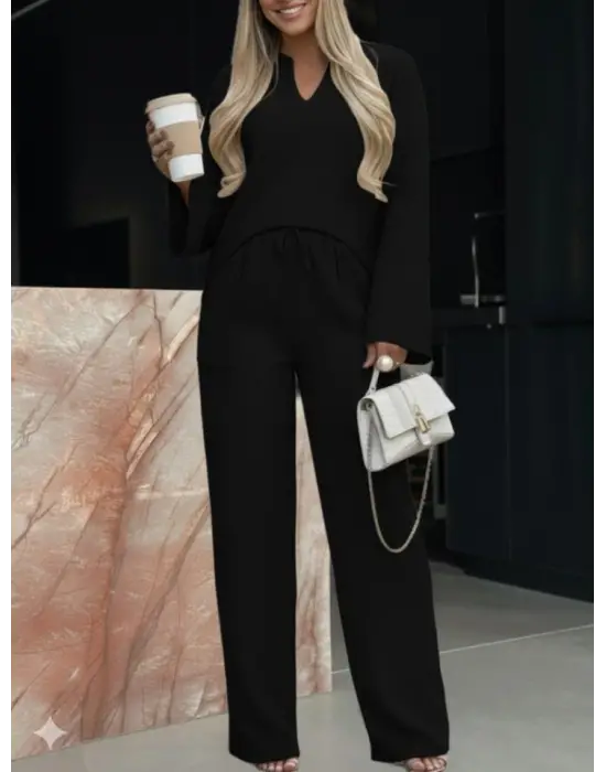 Kadın Uzun Kollu V Yakalı Keten Bluz Bağcıklı Pantolon Ikili Takım