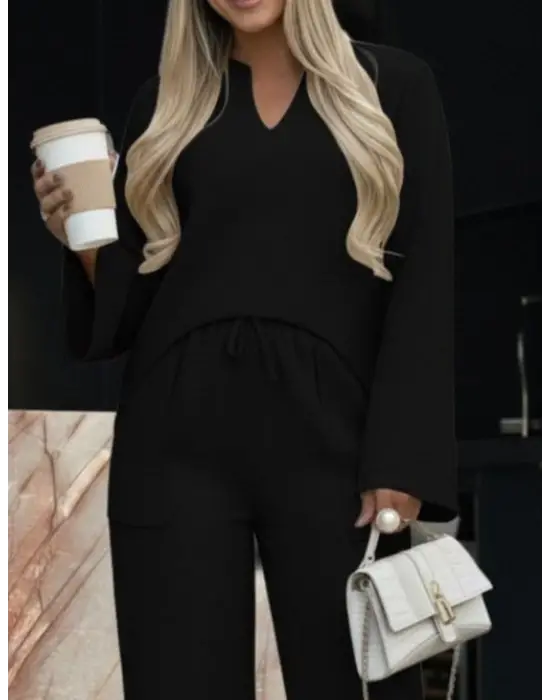 Kadın Uzun Kollu V Yakalı Keten Bluz Bağcıklı Pantolon Ikili Takım