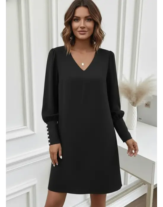Kadın Uzun Kollu V Yakalı Kısa Ithal Krep Elbise