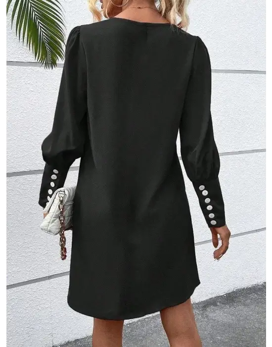 Kadın Uzun Kollu V Yakalı Kısa Ithal Krep Elbise