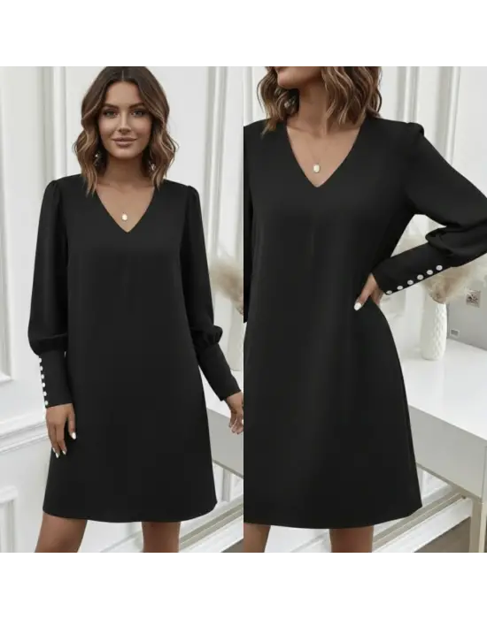Kadın Uzun Kollu V Yakalı Kısa Ithal Krep Elbise