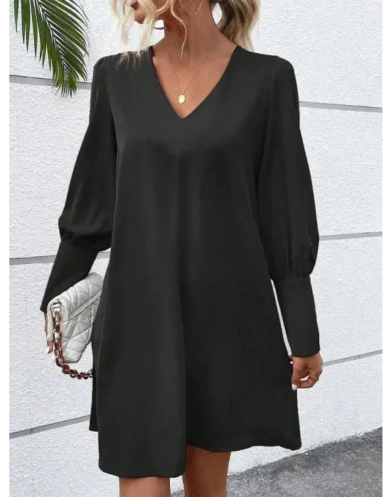 Kadın Uzun Kollu V Yakalı Kısa Ithal Krep Elbise