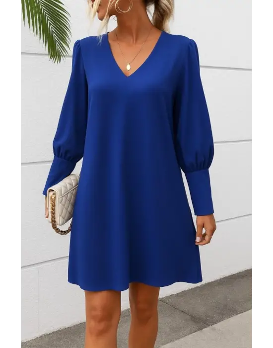Kadın Uzun Kollu V Yakalı Kısa Ithal Krep Elbise