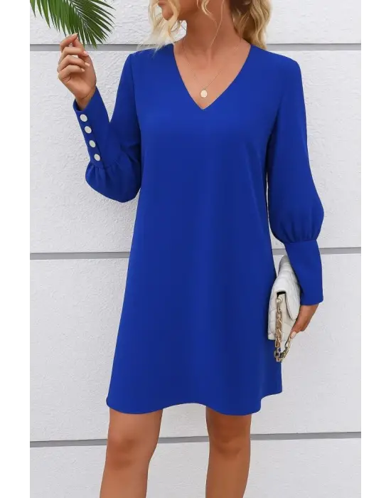 Kadın Uzun Kollu V Yakalı Kısa Ithal Krep Elbise