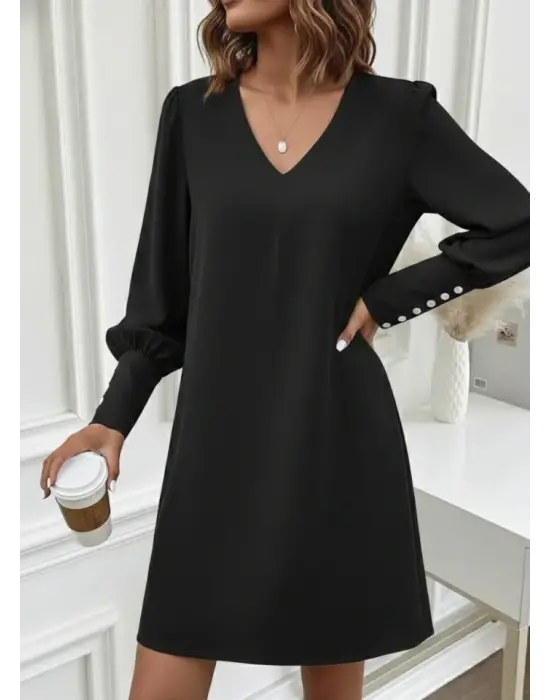 Kadın Uzun Kollu V Yakalı Kısa Ithal Krep Elbise