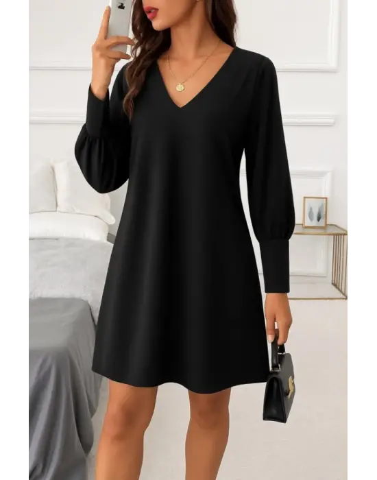 Kadın Uzun Kollu V Yakalı Kısa Ithal Krep Elbise