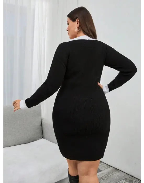 Kadın Uzun Kollu V Yakalı Kısa Triko Elbise