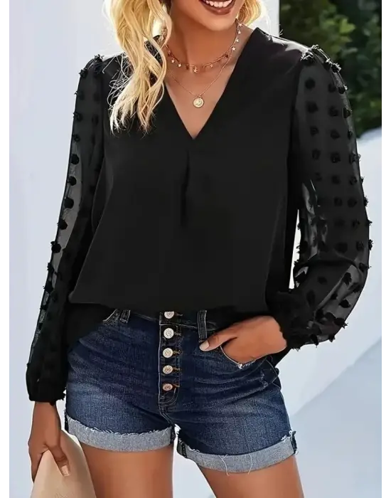 Kadın Uzun Kollu V Yakalı Kolları Popon Detaylı Sandy Bluz