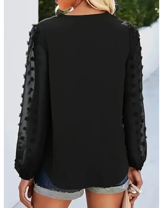 Kadın Uzun Kollu V Yakalı Kolları Popon Detaylı Sandy Bluz