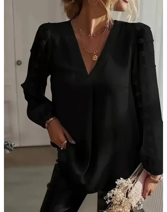 Kadın Uzun Kollu V Yakalı Kolları Popon Detaylı Sandy Bluz