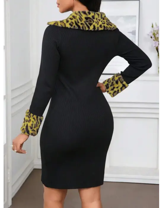 Kadın Uzun Kollu V Yakalı Kürk Detaylı Kaşkorse Elbise