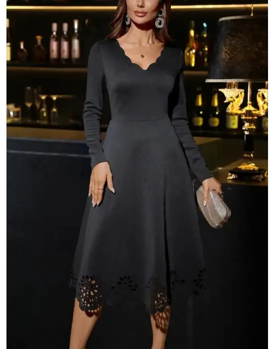 Zarif V Yakalı Midi Elbise