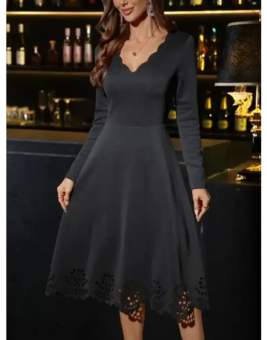 Zarif V Yakalı Midi Elbise