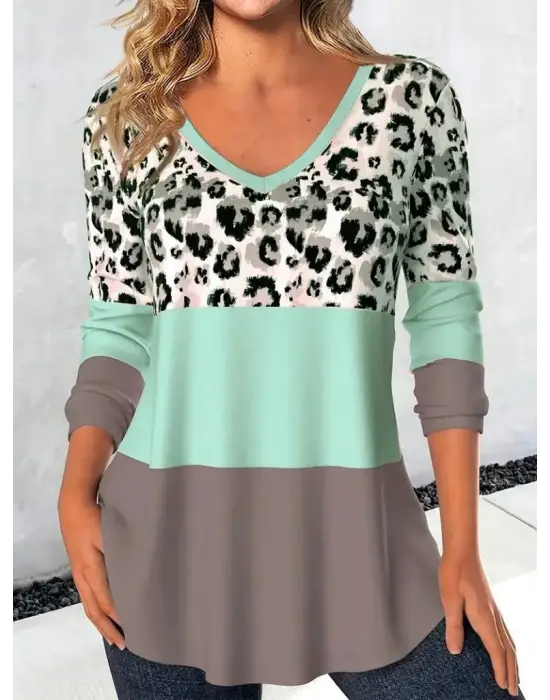 Kadın Uzun Kollu V Yakalı Leopar Baskılı şardonlu Dalgıç Bluz