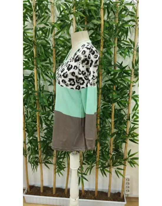 Kadın Uzun Kollu V Yakalı Leopar Baskılı şardonlu Dalgıç Bluz