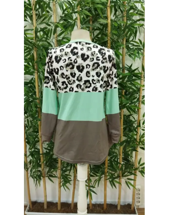 Kadın Uzun Kollu V Yakalı Leopar Baskılı şardonlu Dalgıç Bluz