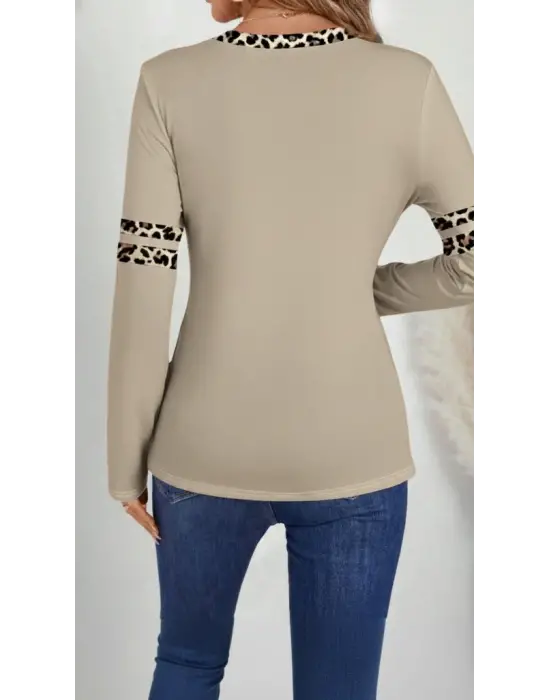 Kadın Uzun Kollu V Yakalı Leopar Desenli Viskon Iki Iplik Bluz
