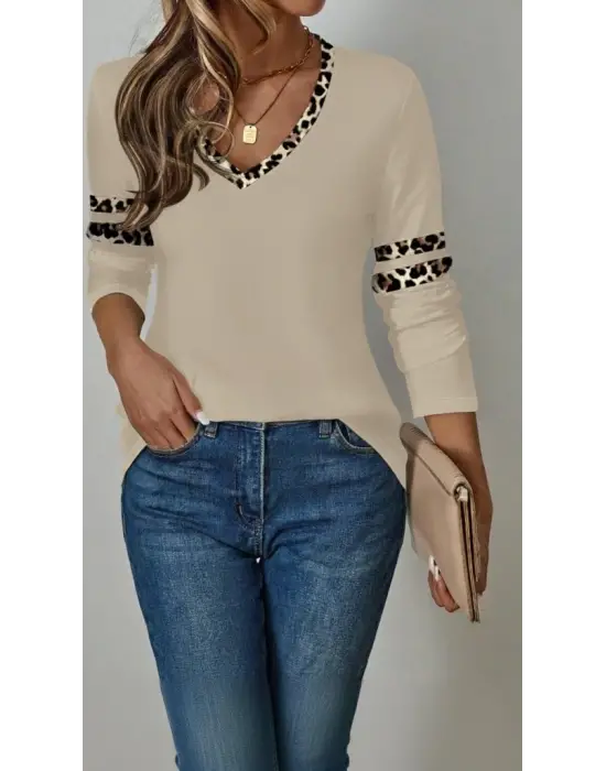 Kadın Uzun Kollu V Yakalı Leopar Desenli Viskon Iki Iplik Bluz