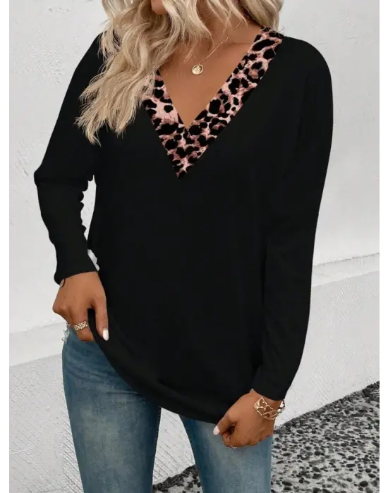 Trend Leopar Detaylı V Yakalı Viskon Bluz