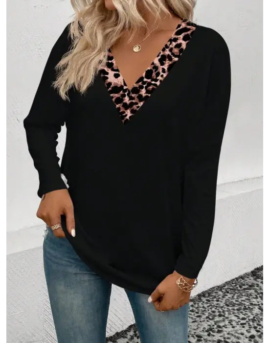 Kadın Uzun Kollu V Yakalı Leopar Detaylı Viskon Iki Iplik Bluz