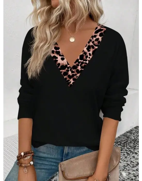 Trend Leopar Detaylı V Yakalı Viskon Bluz