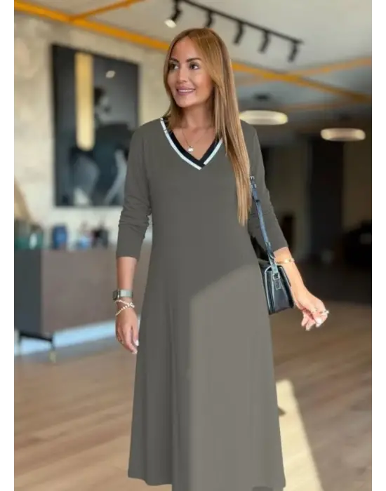 Modern V Yakalı Midi Elbise