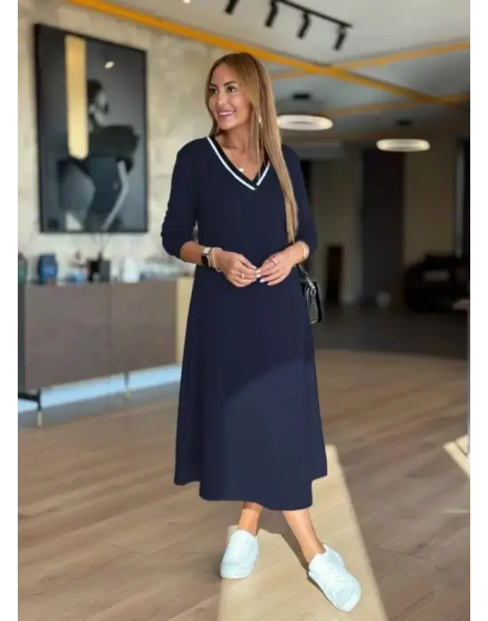 Kadın Uzun Kollu V Yakalı Midi çağla Yeşili Modal Elbise