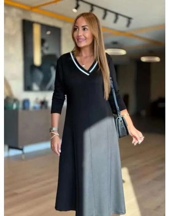 Modern V Yakalı Midi Elbise