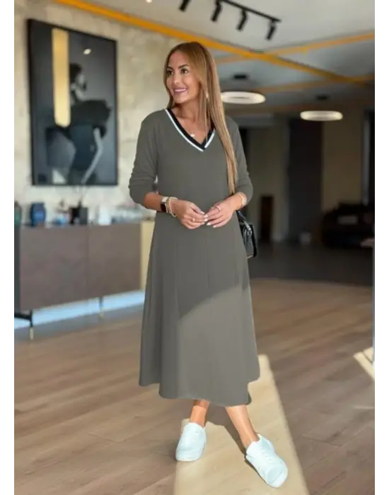 Modern V Yakalı Midi Elbise