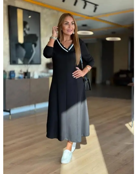 Kadın Uzun Kollu V Yakalı Midi Modal Elbise