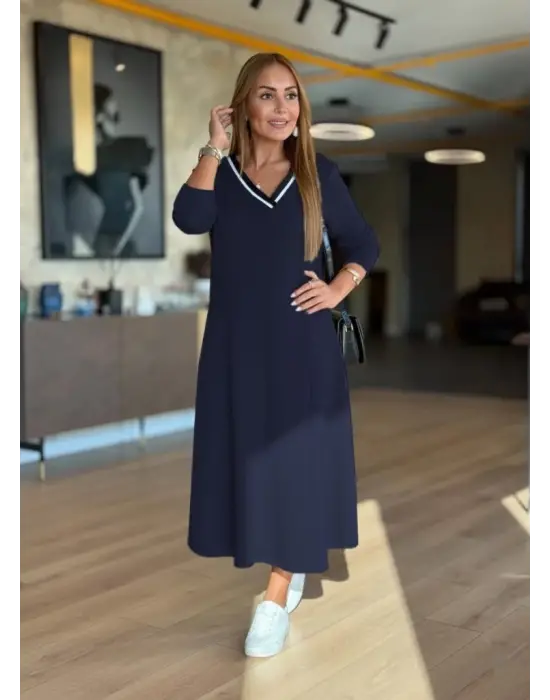 Kadın Uzun Kollu V Yakalı Midi Modal Elbise